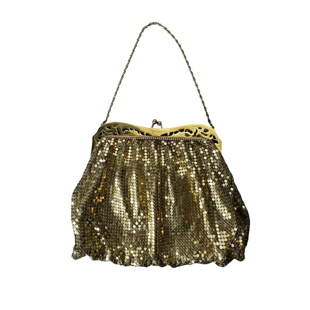 Whiting & Davis Vintage Gold Mesh Evening Bag Filigree Frame Clutch Made in USA